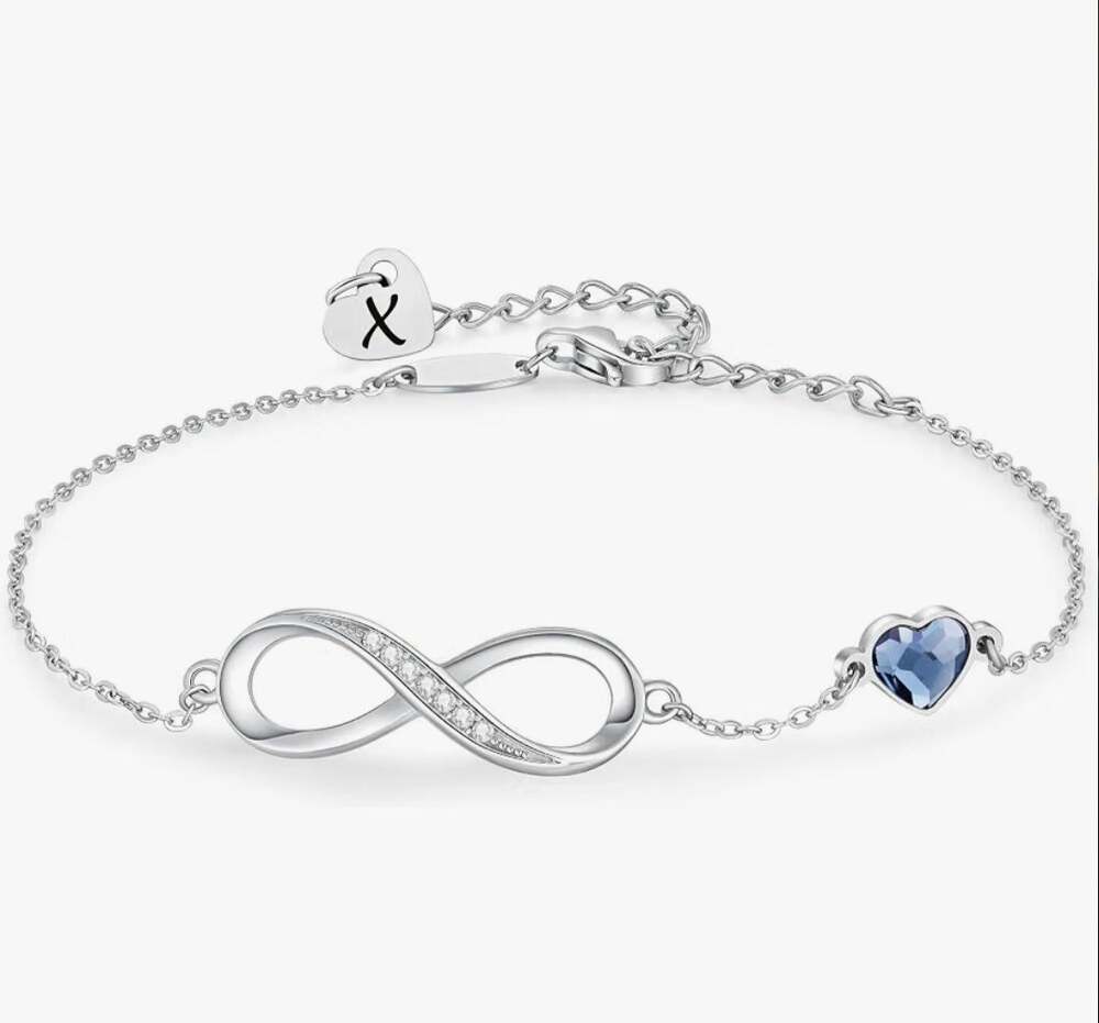 CDE Initial X Infinity Bracelet Stainless Steel Silver Blue Crystal Heart. New